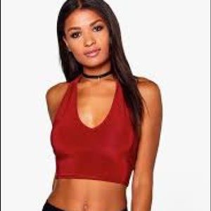red halter top with plunge neck